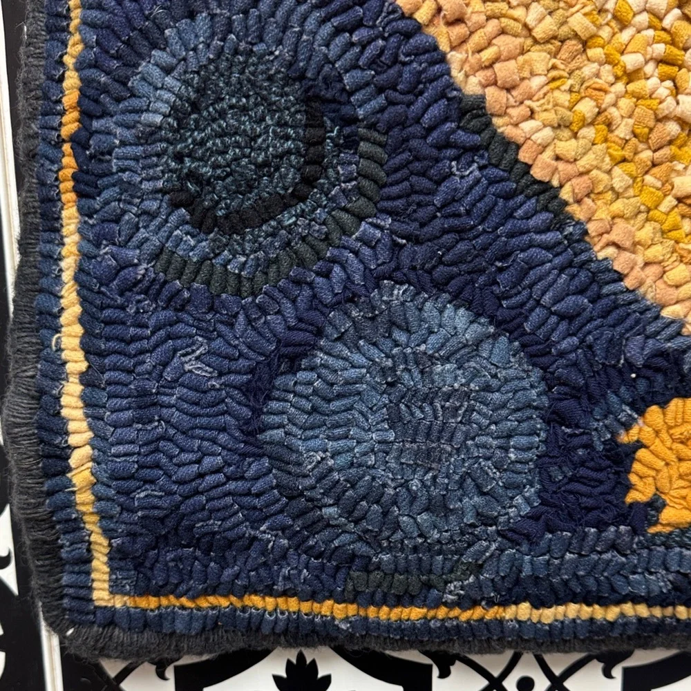 Handmade Rooster Primitive Wool Hooked Wall Hanging in Navy and Mustard